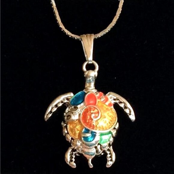 Silver Sea Turtle Necklace 18" Multicolor Colorful Enamel Nautical Island Beach - Picture 2 of 10